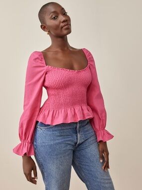 Reformation Pink Smocked Linen Puff Sleeve Top Size L